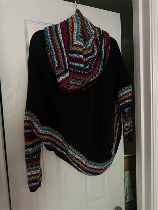 Sweaters - Black Hooded Women's Poncho with Multicolor Fair Isle Trim